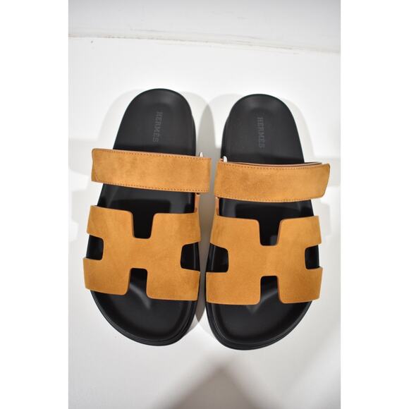 Hermes Chypre Sandal Black Naturel Gold Suede H Logo Strap Slide Slip On Flat 38 - Picture 6 of 10